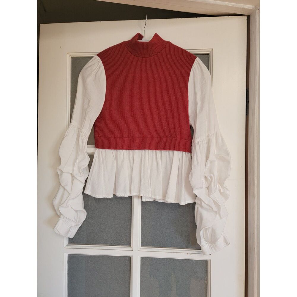 Anthropologie Mock Neck Peplum Ruffle Sleeve Top Red White Extra Small XS